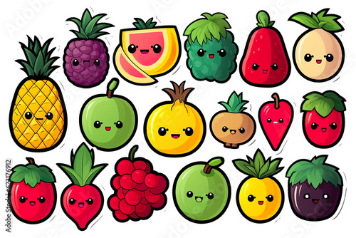 Kawaii beautiful fruits sticker image  in the style of kawaii art  meme art  isolated white background PNG