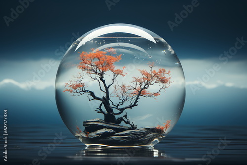 Minaturbaum in einer Glaskugel vor düsteren Hintergrund, 2, Ai generiert