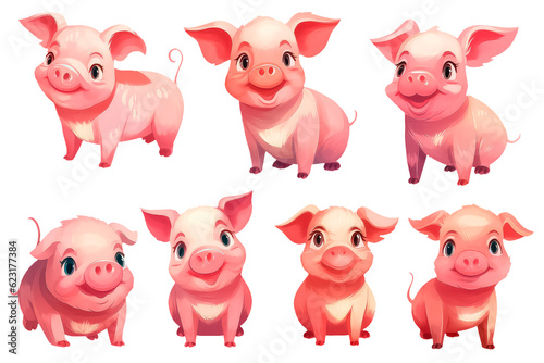 set pig in cartoon style for video game isolated on white background.