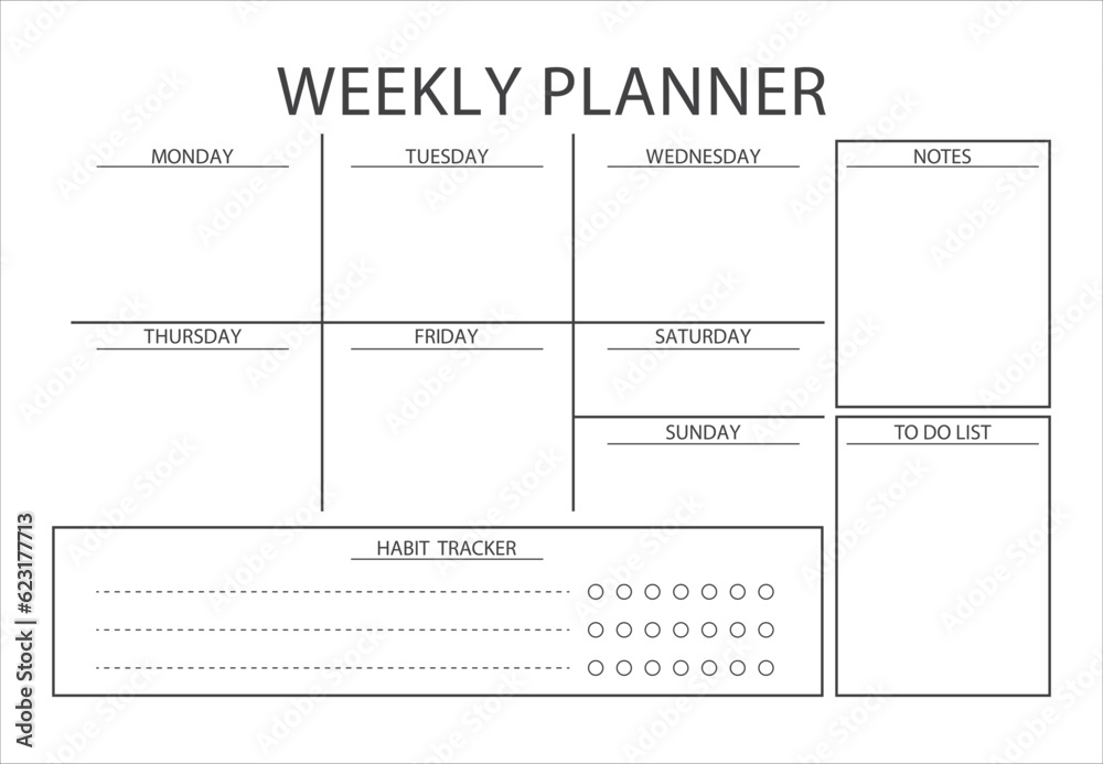 Minimalist Vector Weekly planner template. Clear and simple printable Weekly Planner, Weekly Schedule, Weekly Agenda, Weekly Overview, Weekly Organizer. Business organizer page vector illustration