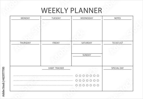 Minimalist printable Weekly planner template. Clear and simple printable Weekly Planner, Weekly Schedule, Weekly Agenda, Weekly Overview, Weekly Organizer. Business organizer page vector illustration
