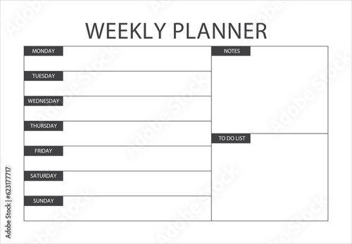 Minimalist Weekly Agenda template. Clear and simple printable weekly planner, to do list, notes. Blank white notebook page isolated. Business organizer page. Paper sheet. Realistic vector illustratio