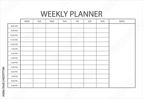 Minimalist Weekly planner whiteboard template. Clear and simple printable Weekly Planner. Blank white notebook page isolated. Business organizer page. Paper sheet. Realistic vector illustration