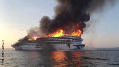 The cruise ship fire at sea. AI generation