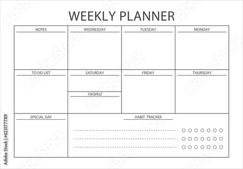 Minimalist Weekly Schedule template. Clear and simple printable weekly planner, to do list, notes. Blank white notebook page isolated. Business organizer page. Paper sheet. vector illustration
