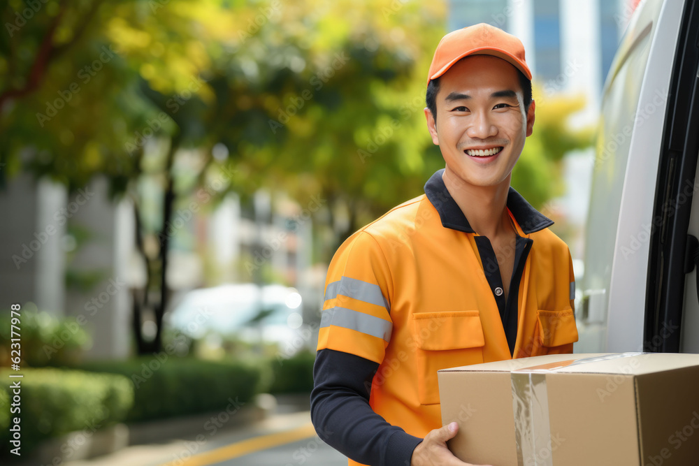 Asian person delivering boxes Asian person delivering boxes