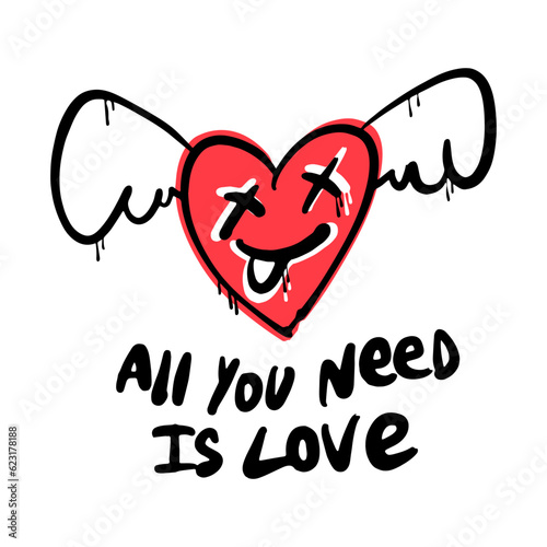 All you need is love with smile heart applied with black spray on white background. The heart laughs. Urban Street art Romantic style. Print for T-shirt, sweatshirt, poster. Vector illustration.