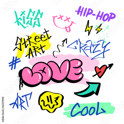 Street graffiti lettering elements in the grunge style with tags, drips and blobs. Urban savage spray paint art. Set creative vector design teenage graffiti cartoon for tee t shirt or sweatshirt.