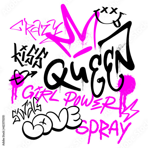 Canvastavla Street black and pink graffiti Queen elements in grunge style a white background