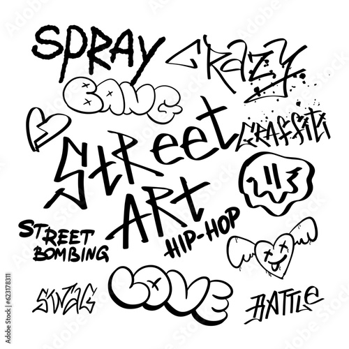 Street black graffiti lettering elements in the grunge style with tags a white background . Urban savage spray paint art. Set creative vector design teenage for tee t shirt or sweatshirt. 