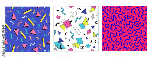 90's style seamless pattern collection. Memphis design with different geometric shapes. Retro 80's-90's style. Set of abstract vivid vector graphics in retro vintage style for apparel, flyer, poster