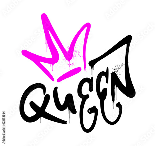 The word Queen on a white background. Black and pink.The crown is a symbol of the feminism, women's rights. Street graffiti. Urban style. Print for T-shirt, sweatshirt, poster. Vector illustration. 