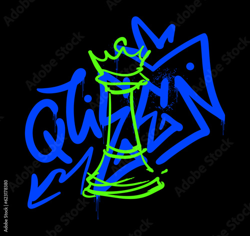 The word Queen on a black background. Blue and green. Chess pieces. Street graffiti. Urban style. Print for T-shirt, sweatshirt, poster. Phosphoric effect. Vector illustration.