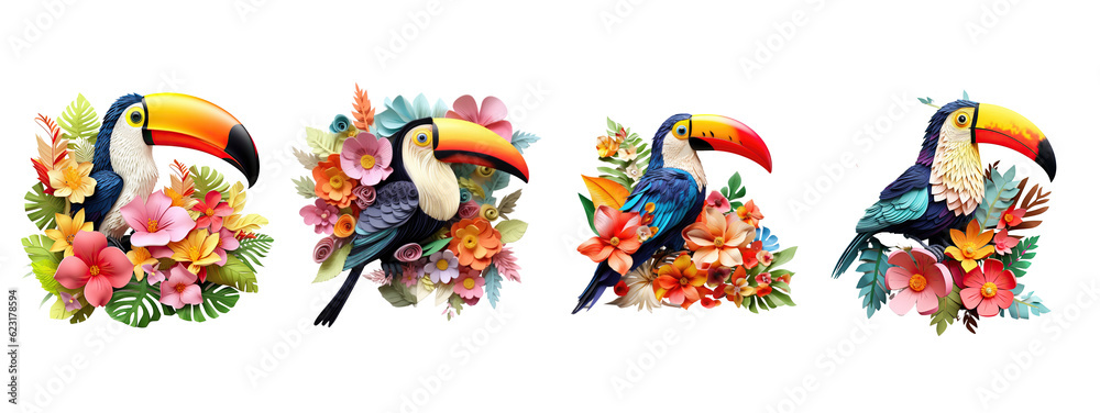 cute 3d Floral Toucan Set AI generated