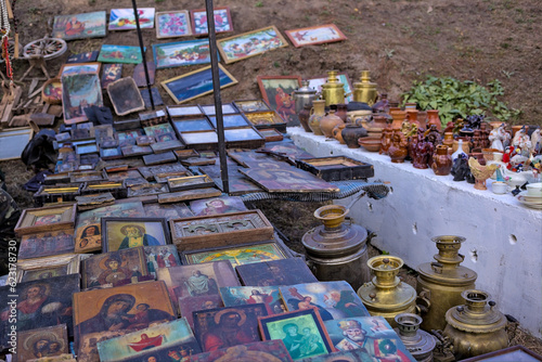 Kropyvnytskyi, Ukraine - Antique Flea market. Selling and buying antiques items and collectables porcelain. Bazaar antiques souvenir. Antiques market selling vintage objects.