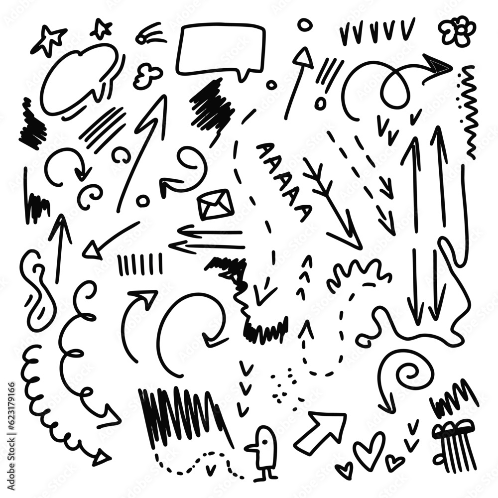 Doodle Swash Black Thin Line Set Include of Heart, Stroke, Circle and Arrow Sign. Vector illustration Doodle Swash Black Thin Line Set Include of Heart, Stroke, Circle and Arrow Sign. Vector illustration