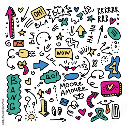 Colourful set of doodle illustrations. The illustrations have elements of doodles, stars, sparkles, hearts, decorations, frames, speech bubbles, arrows. Vector illustration icon set