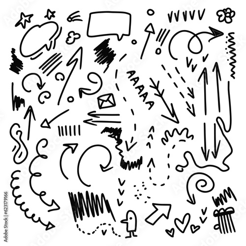 Doodle Swash Black Thin Line Set Include of Heart, Stroke, Circle and Arrow Sign. Vector illustration