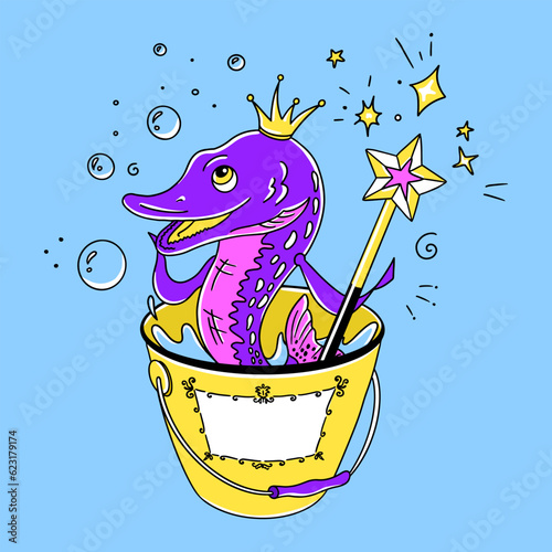 A magical fairy-tale pike in a bucket. Wish fulfillment concept. Dream vector illustration for children