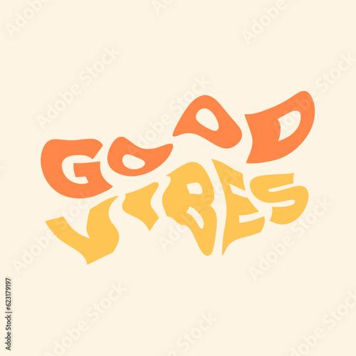 Hand written lettering Good Vibes in wave shape. A good vibes sticker design template. Vector illustration.