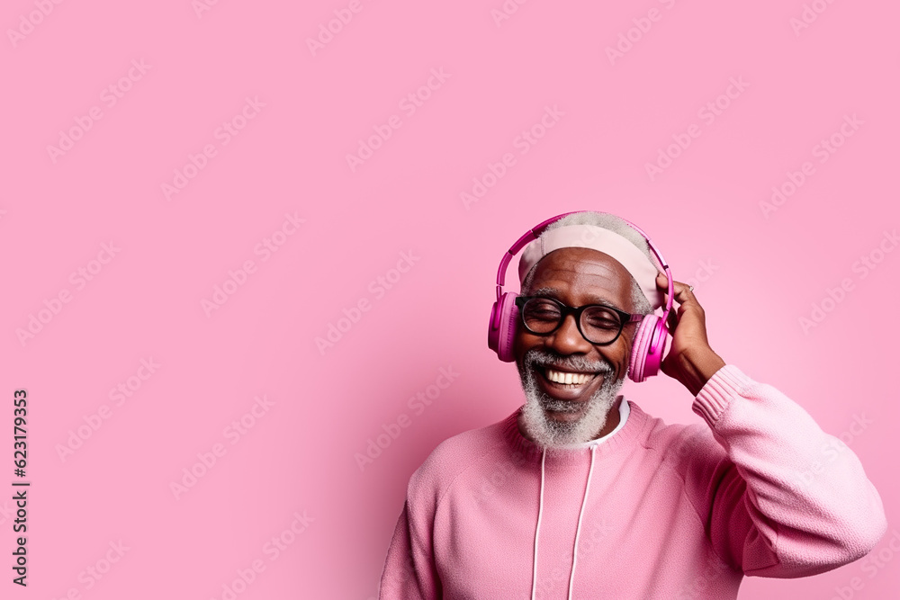 African-American elderly man with headphones smiling on a pink background African-American elderly man with headphones smiling on a pink background