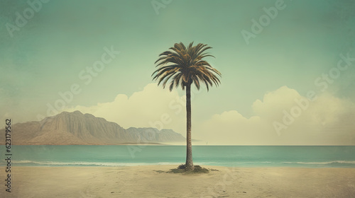 Palm tree on the sand of the beach. Vacation scene with palm on the shore line. Generative AI.