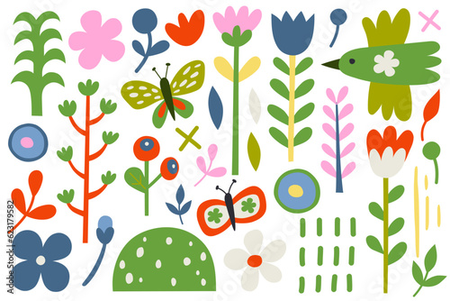 Birds, flowers and rainbow elements, insects, plants elements. Set of nature vector illustration, isolated on white background.
