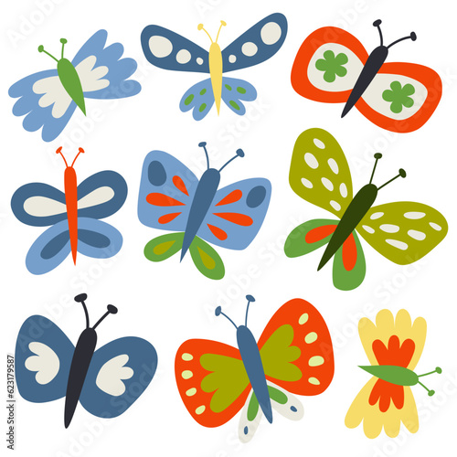 Butterflies, set of insect vector illustration, isolated on white background.