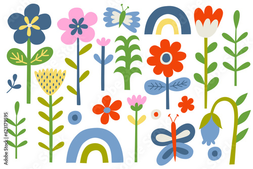 Birds, flowers and rainbow elements, insects, plants elements. Set of nature vector illustration, isolated on white background.