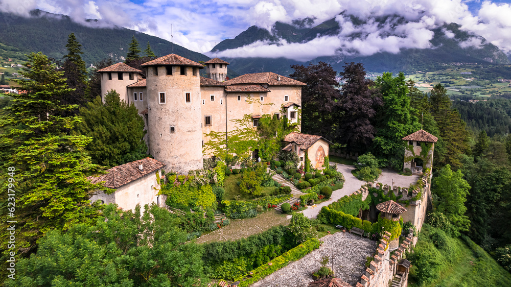 Most scenic medieval castles of Italy - Castel Campo in Trentino region, Trento province. Aerial drone view
