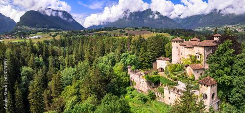 Most scenic medieval castles of Italy - Castel Campo in Trentino region, Trento province. Aerial drone panoramic view