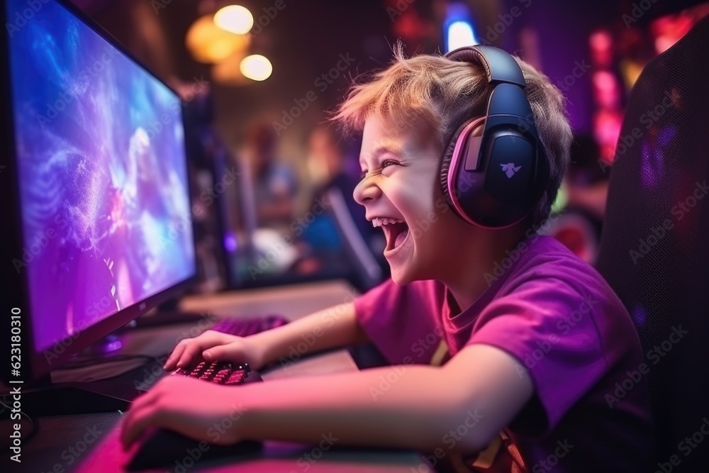 Professional eSports Gamer Celebrating Victory at Computer Setup Generative AI Professional eSports Gamer Celebrating Victory at Computer Setup Generative AI
