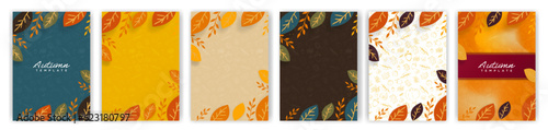 Set of Autumn or Fall themed background templates. Frame of leaves on hand-drawn autumn elements on background. Editable Vector Illustration.