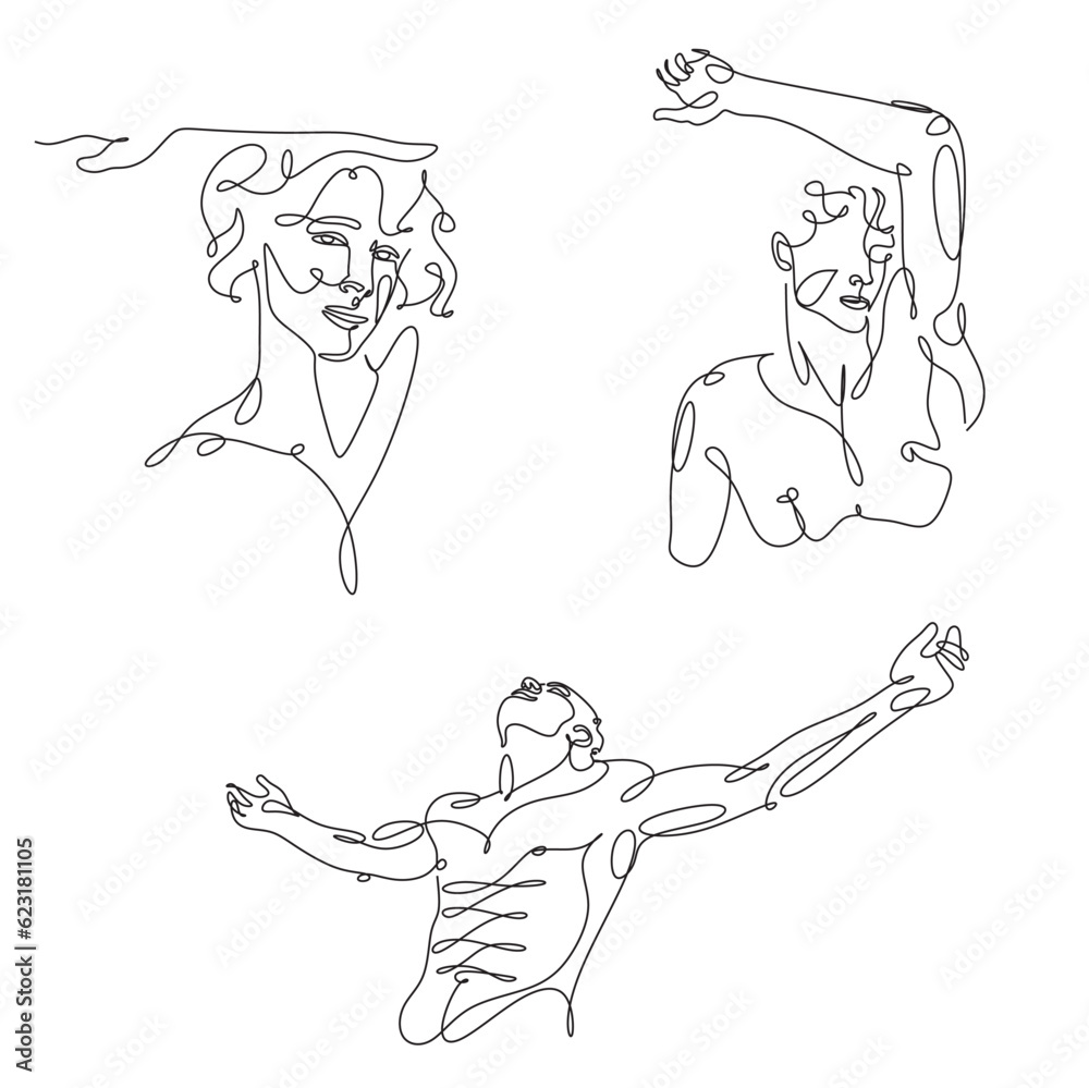 Fototapeta premium Men line art vector. Continuous one line drawing of man portrait. Muscular man body, Hairstyle. Fashionable men's style. 