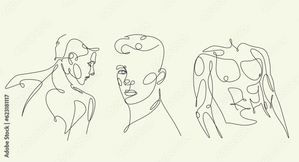 Men line art vector. Continuous one line drawing of man portrait. Muscular man body, Hairstyle. Fashionable men's style.	