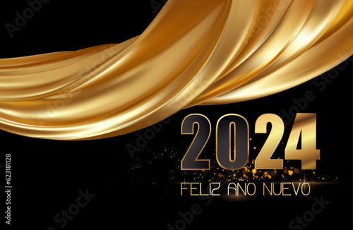 tarjeta o pancarta para desear un feliz año nuevo 2024 en negro y dorado con una cortina de tela de color sobre un fondo negro