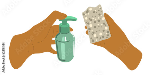 People hands doing house cleaning routine close up vector illustration. Left handed palms with cleaning sponge and soap dispenser spray bottle flat style drawing Isolated