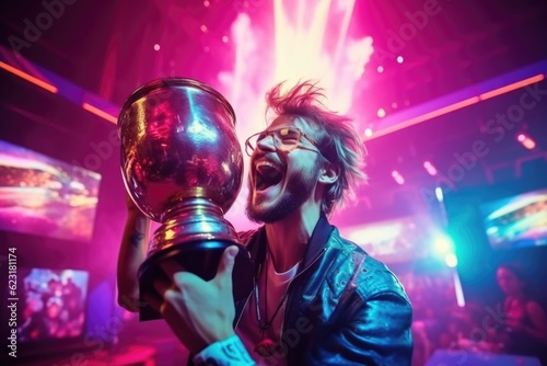 Professional Gamer Holding Trophy in Neon-Lit Arena generative AI