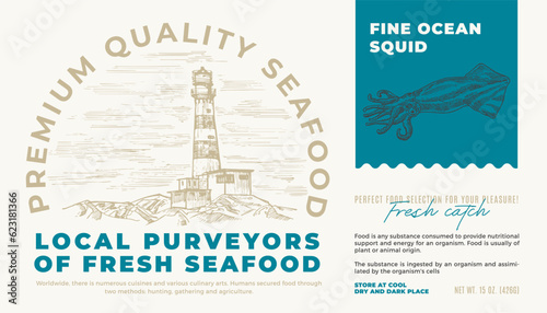 Fine Ocean Seafood Product Abstract Vector Packaging Label Design. Modern Typography and Hand Drawn Squid Sketch Silhouette with Sea Lighthouse Background Layout