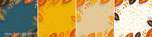 Autumn and thanksgiving themed background cards. Hand-drawn fall elements on colored backgrounds. Pumpkin, leaves, acorn. Editable Vector Illustration. EPS 10. For social media, posters, backgrounds.