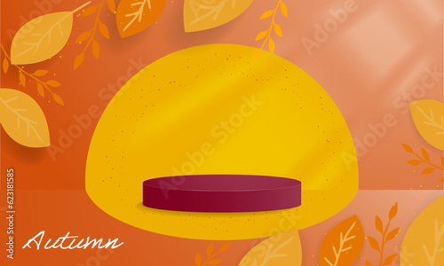 Autumn Banner with 3d rendered podium in studio room for product display. Autumn leaves frame with sunlight from corner. Editable Vector Illustration. EPS 10.