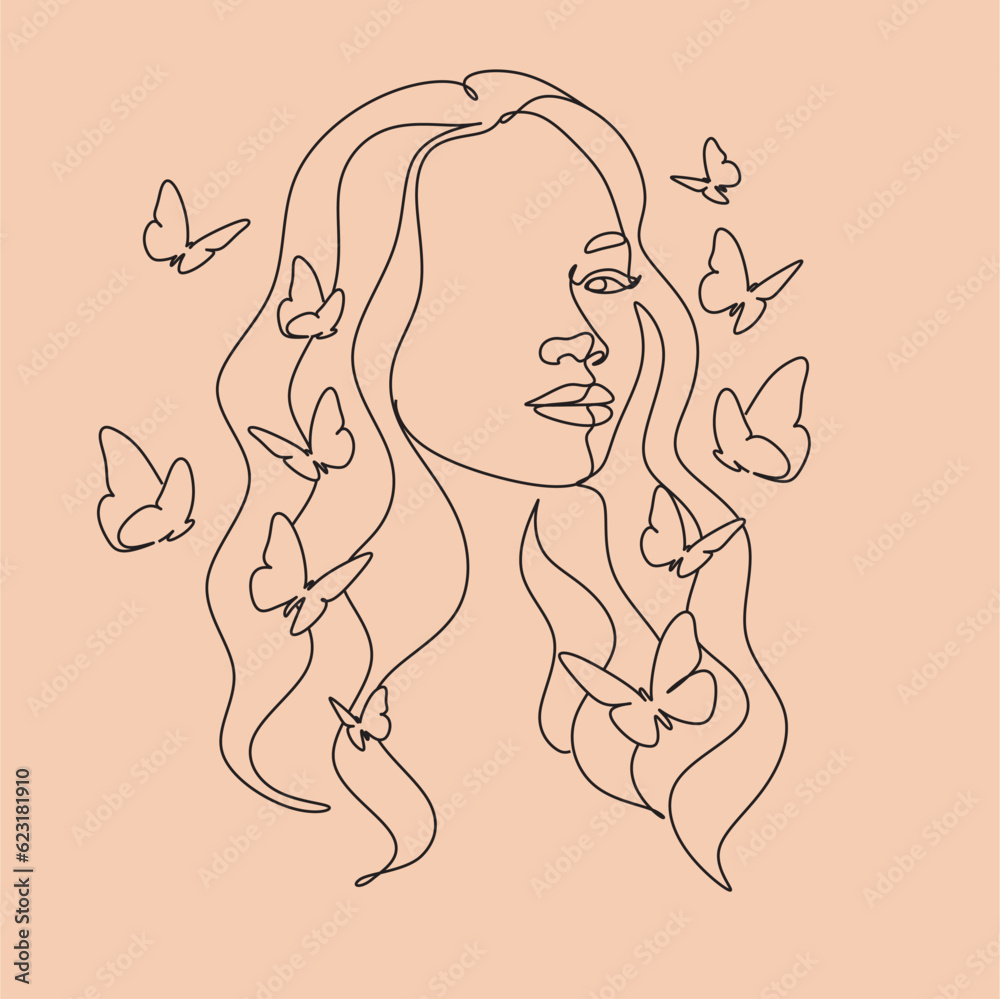 Minimal Line Art Woman with Flowers Poster. One line drawing flower
