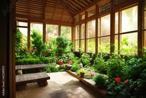 A spacious botanical garden in a large greenhouse. The concept of gardening and gardening.