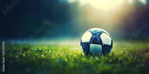 AI Generated. AI Generative. Soccer football ball on green grass field stadium. Sport game motivational promotion inspirational poster decoration. Graphic Art © Graphic Warrior