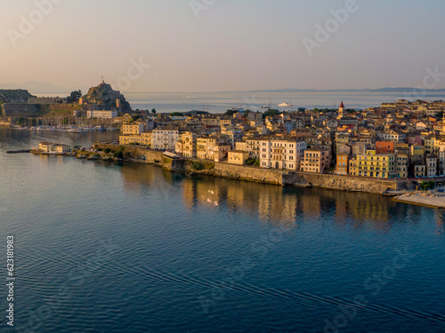 Beautiful view of corfu town by drone in sunrise 