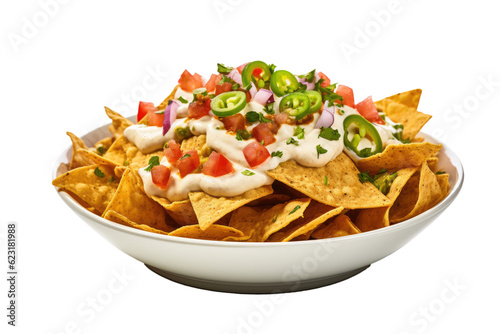 Bowl with nachos and cheese dip, isolated, white background, generative ai
