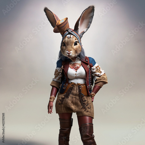A hare captured in full form, her paw casually lowered, personifying the Steampunk style with her feminine grace and poise. Created with Generative AI technology. (ID: 623182168)