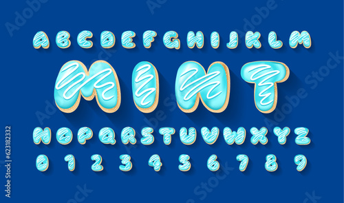 Vector alphabet of blue mint donuts. Bakery sweet tasty font. Blue letters and numbers on the blue background. Food lettering. Donut font. Cake and cookies isolated baby glazed dessert