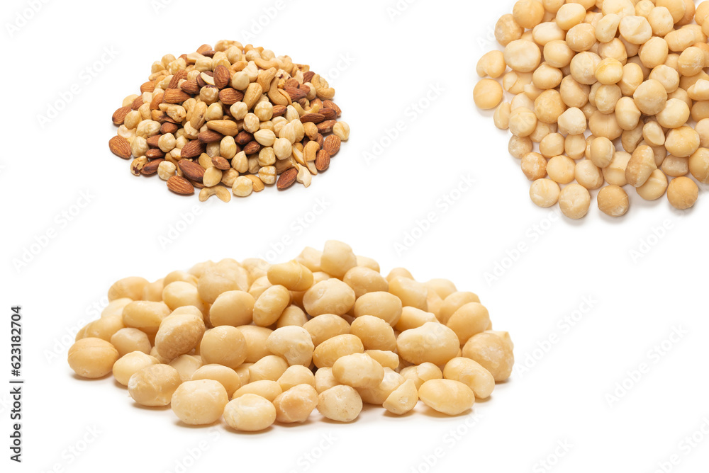 Macadamia nuts isolated on white background. Macadamia nuts isolated on white background.