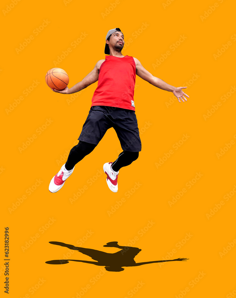 Basketball fun concept. We love basketball. Asian basketball player jumping on background with clipping path